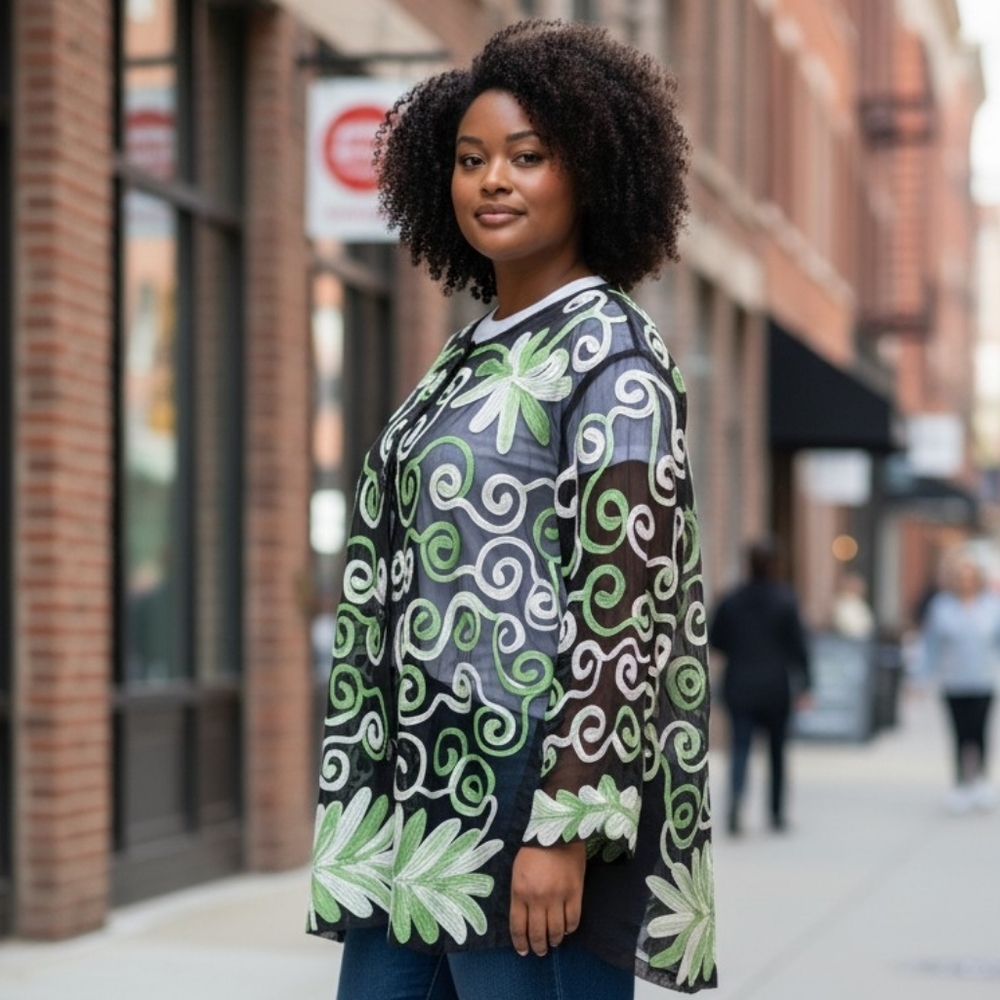 NEW! XL Parsley & Sage Black Sheer Button Up Shirt Green/White Embroidery 4087